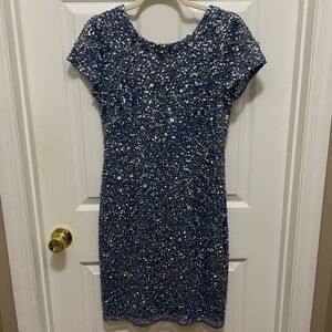 Adrianna Papell Blue Sequin Flutter Sleeve Mini Dress
